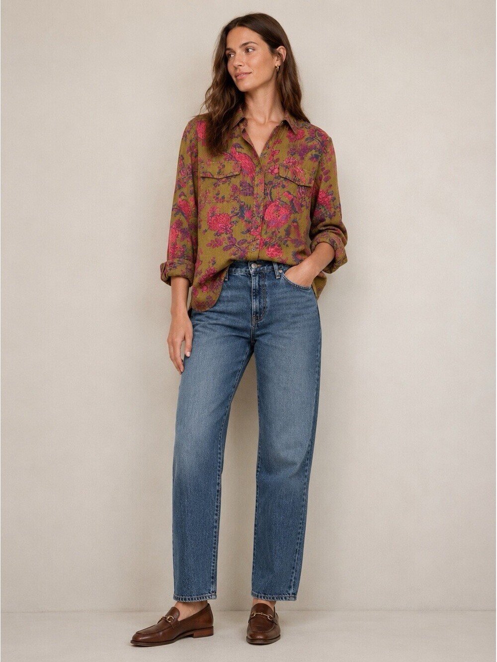 Sundance Floral Button-Up Collared Blouse Long Sleeve M Boho Earthy